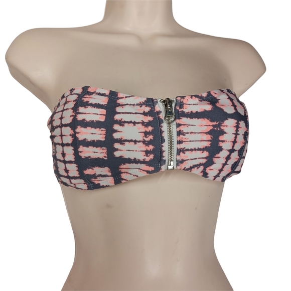 NEW NINETY SIX DEGREES Gray Pink Tie Dye Front Zipper Strapless Bikini Top M - Picture 2 of 9
